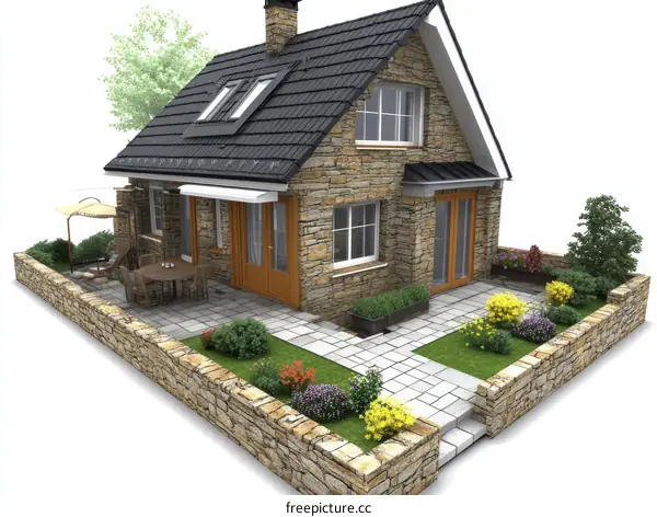 3D Render of a Stone House with Outdoor Patio