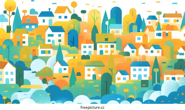 Colorful Illustration Of A Small Town With Houses And Trees