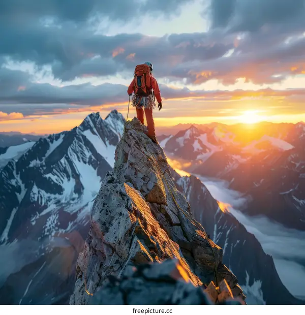 A mountain climber reaches the summit of a mountain and looks out at the view