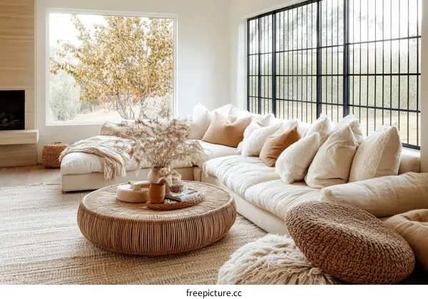 Modern Beige Living Room with Large Windows
