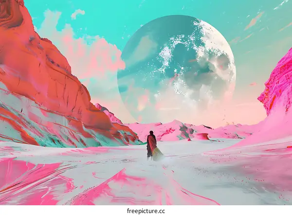 Surreal Landscape With Person in Red Cape Standing On a Pink Desert Underneath a Giant Moon