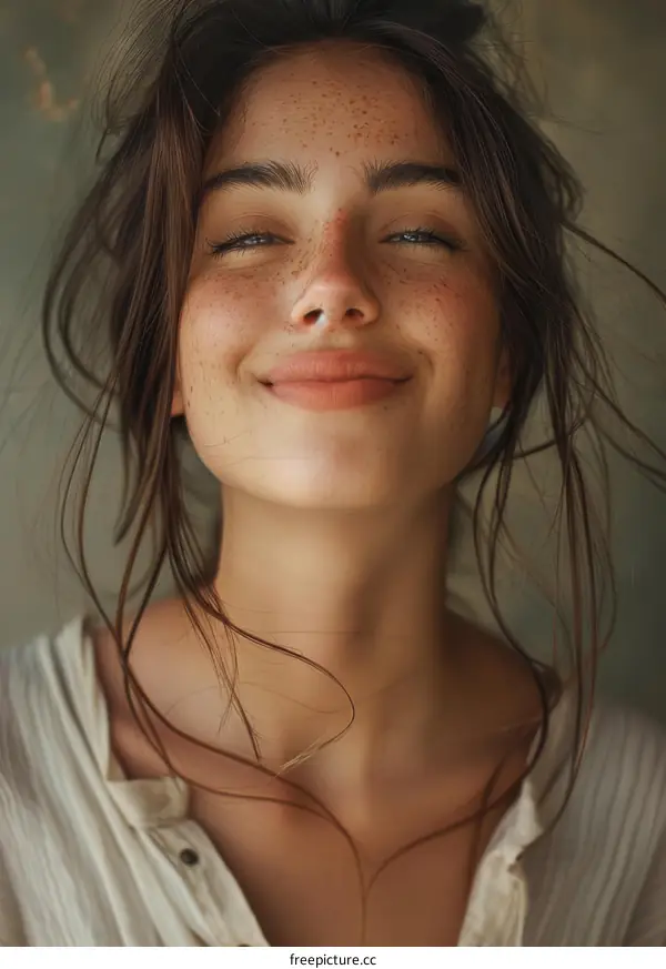 Smiling Woman with Freckles and Brown Hair Looking Up