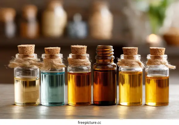 Essential Oils in Small Bottles on Wooden Table