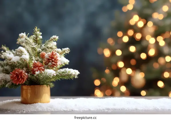 Christmas Arrangement with Snow-Covered Branches and Pinecones