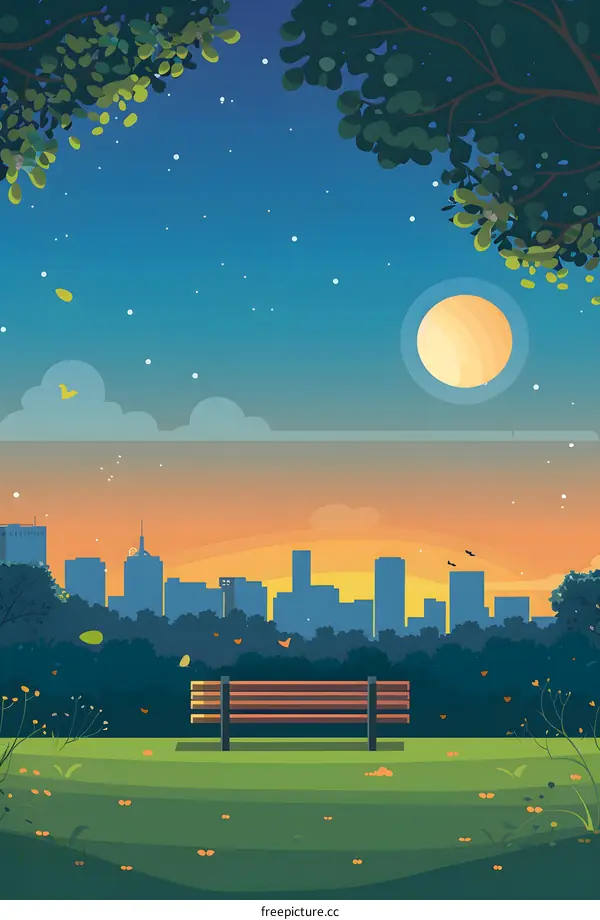 Sunset Cityscape with a Bench in a Park