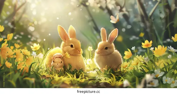 A cute bunny family in a field of yellow flowers