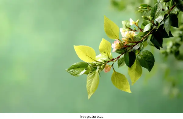 Spring Blossoms and New Leaves on a Branch