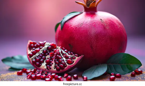 A pomegranate with seeds spilling out