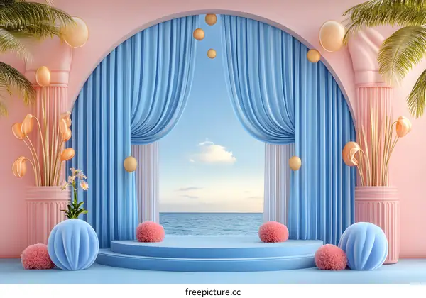 Blue Curtains and Ocean View Minimalist 3D Illustration