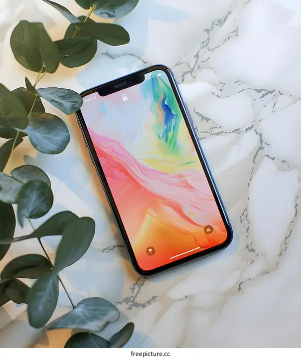 Phone On Marble Table With Green Leaves