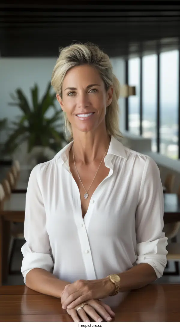 Portrait of a smiling blonde woman in a white blouse