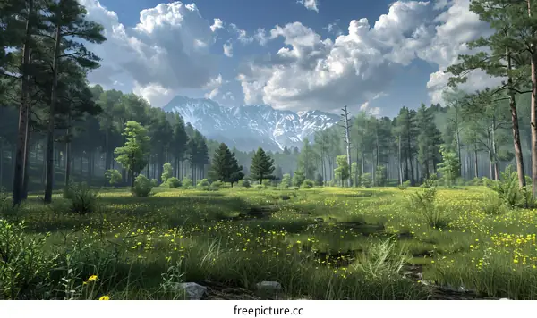 Green Grass Meadow with Mountain View in Forest