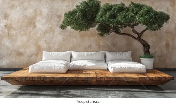 Modern Minimalist Wooden Outdoor Sofa with Bonsai Tree
