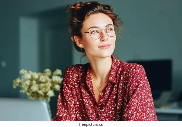 Woman with Glasses Looking Away in a Stylish Burgundy Shirt