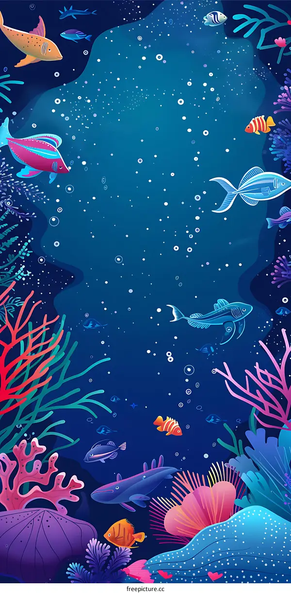Colorful Illustration of Underwater World with Fish and Coral Reefs