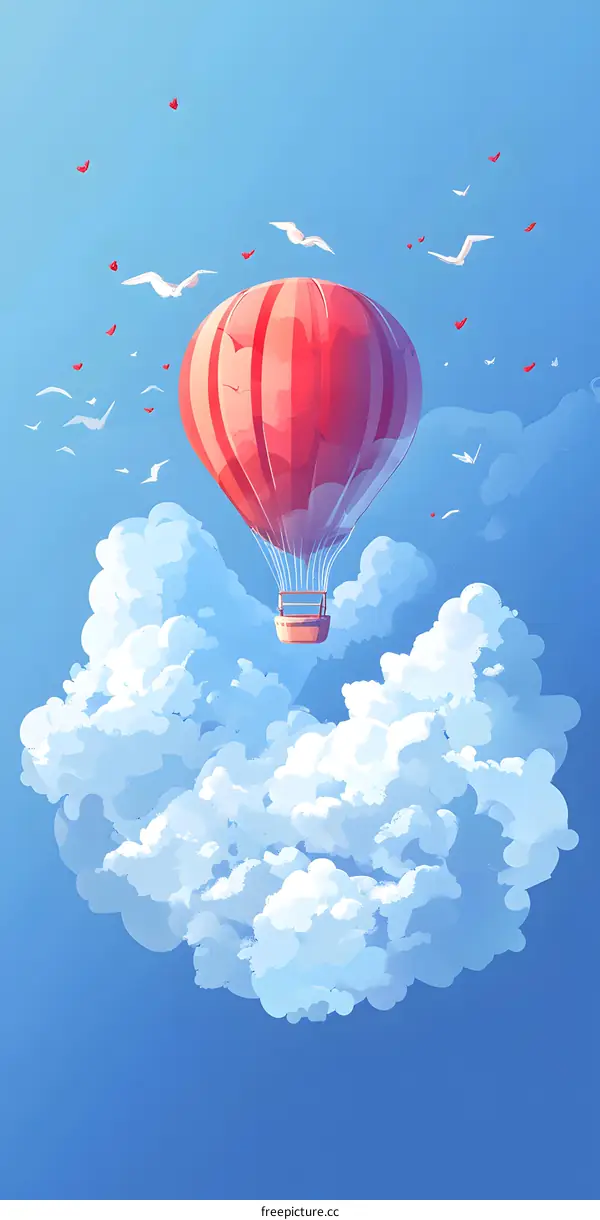 Red Hot Air Balloon Flying Through White Clouds In A Blue Sky