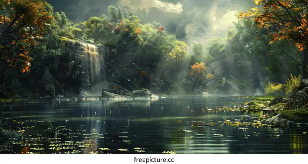 Fantasy Landscape with a Lake and Waterfall