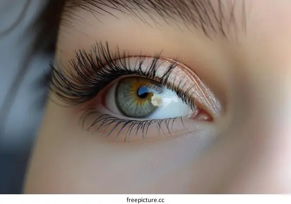 Close-up photo of a woman's green eye with long black eyelashes