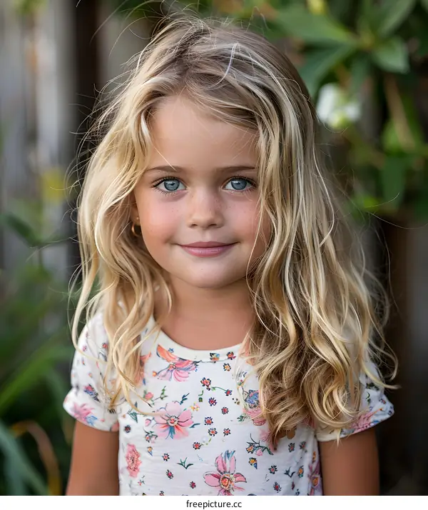 Portrait of a young girl with blonde hair and blue eyes