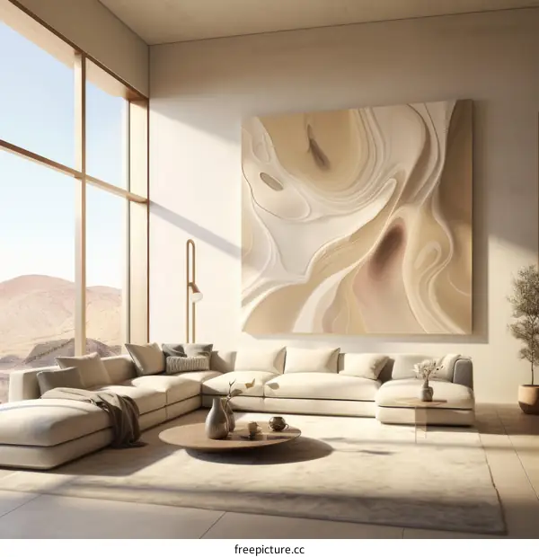 Modern living room interior with large sectional sofa, coffee table, and abstract wall art