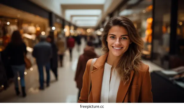 Portrait of a young woman smiling in a shopping mall