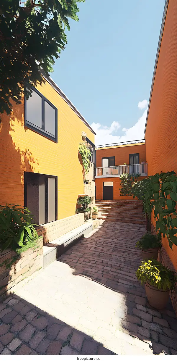 Yellow Brick Courtyard with Green Plants and Steps