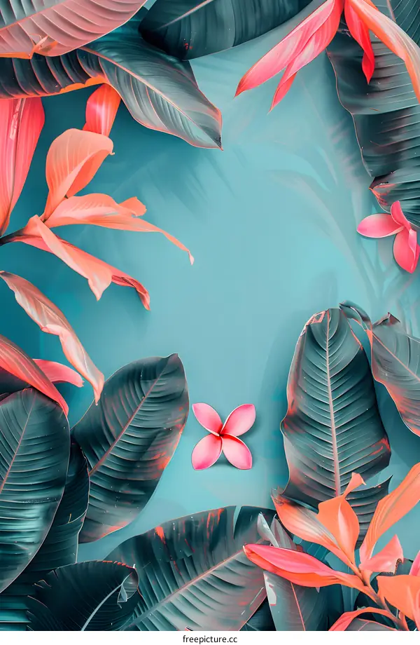 Tropical Leaves and Pink Flowers on a Blue Background