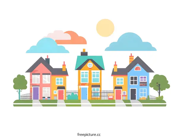 Colorful Houses on a Sunny Day in a Suburban Neighborhood