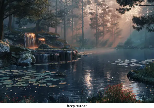 Misty Forest Waterfall and Lake with Lily Pads
