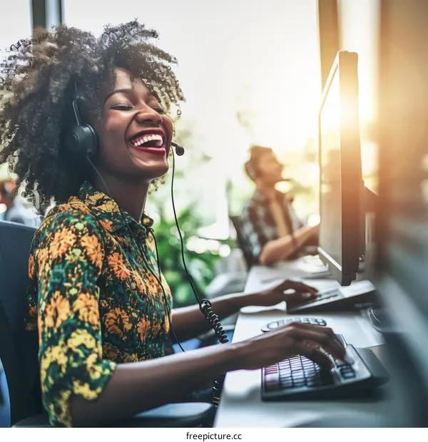 Laughing businesswoman working in a bright office