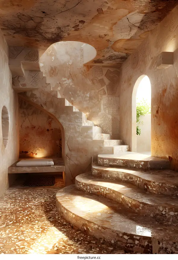 Carved stone stairs and walls in a building