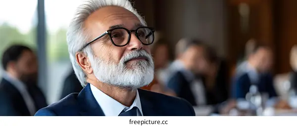 Mature Man in Business Suit Listens to Presentation in Meeting Room