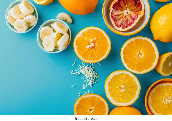 Freshly Sliced Orange and Banana on Blue Background