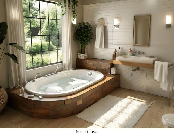 A wooden bathtub sits in a bright bathroom with a large window.