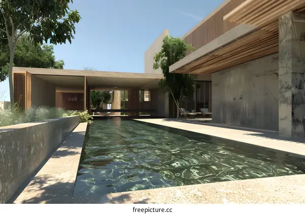 Modern Minimalist House with Swimming Pool and Green Trees
