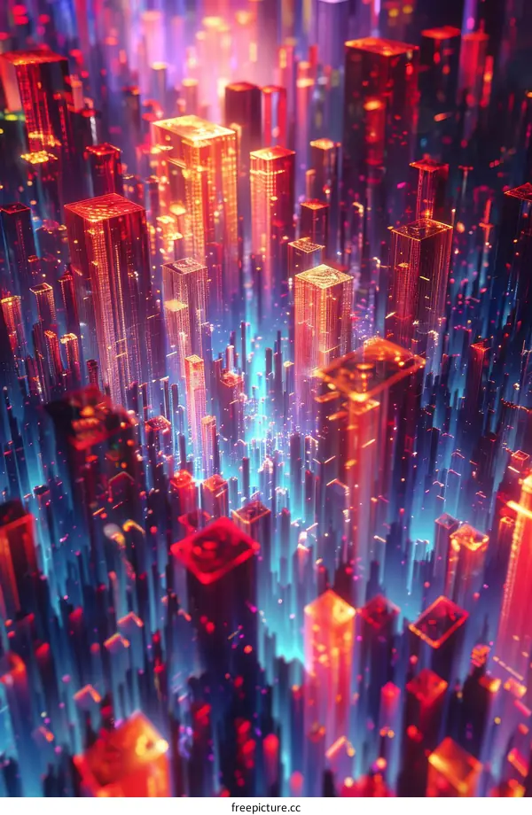 Glowing Cityscape: Digital Painting of Red and Blue Buildings