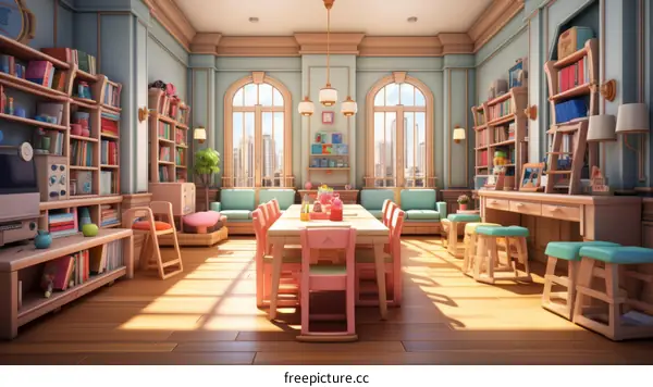 Cozy home library interior with large windows