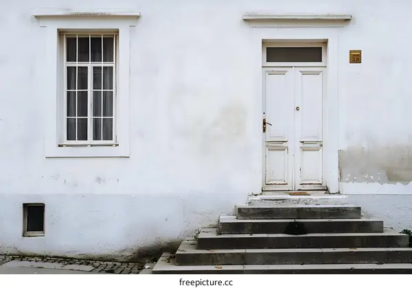 White Door With Steps And Window On White Wall