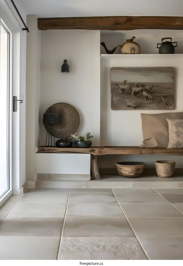 Rustic Interior Design with Wooden Beam and Tile Floor