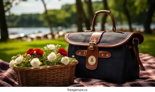 Blue Canvas Holdall with Tan Leather Trim and a Picnic Basket with Red and White Flowers on a Picnic Blanket