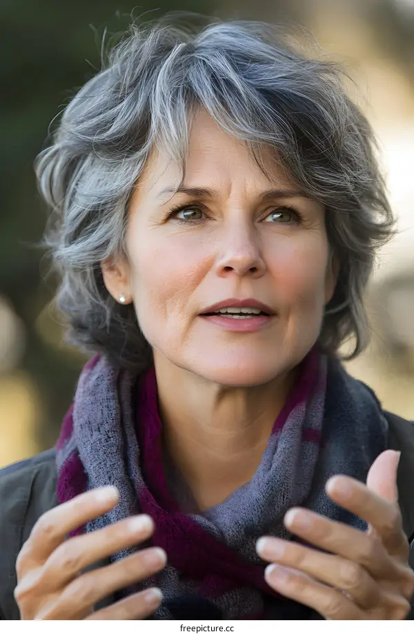 Woman with Grey Hair Looking Up in Thoughtful Expression