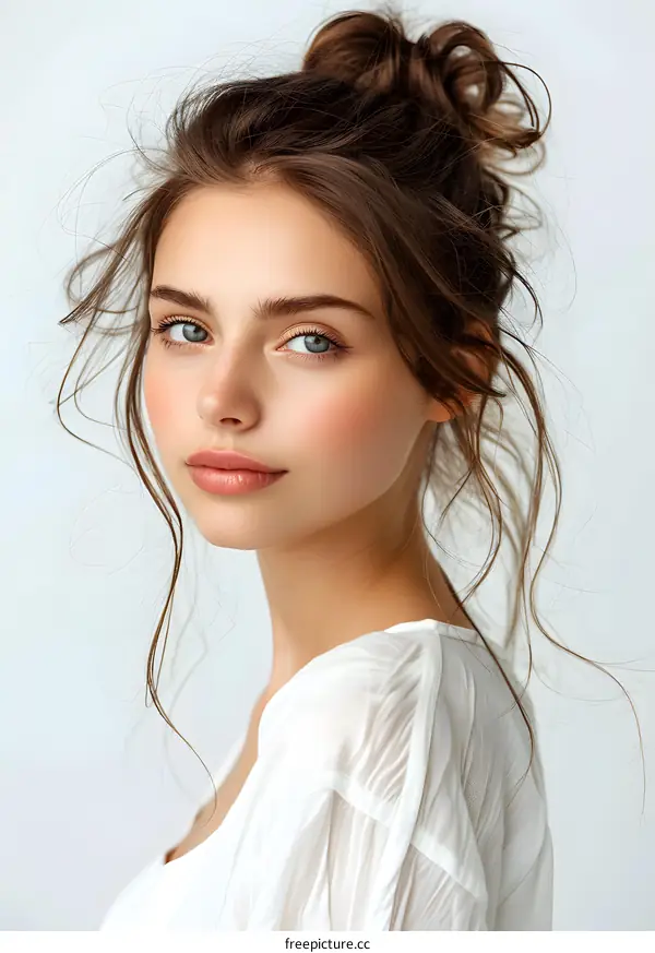 Portrait of a Young Woman with Long Hair and a White Blouse