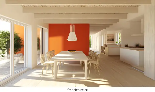 Modern Minimalist Dining Room Interior Design with Wooden Beams and Orange Wall