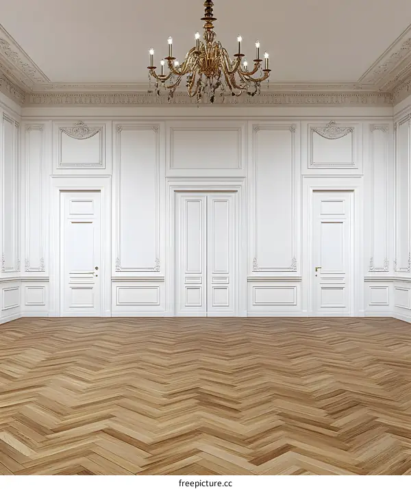Classic Elegant White Room Interior Design with Herringbone Hardwood Flooring