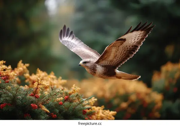 A Majestic Bird in Flight amidst Autumnal Foliage