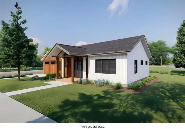 Modern White Farmhouse Exterior Design with Green Lawn