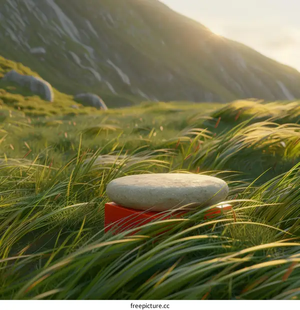 A large rock sits on a red pedestal in the middle of a grassy field.