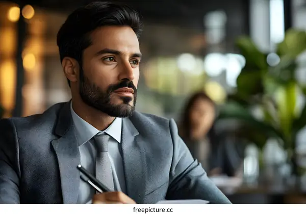 Thoughtful Businessman Looking Away While Sitting at a Table