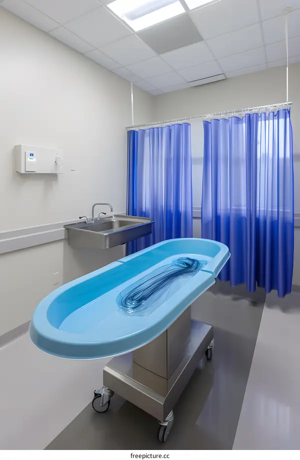 Empty Examination Room with Blue Curtains and Medical Equipment