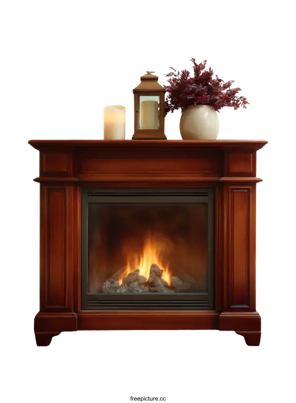 [Transparent Background PNG]Wooden Fireplace with Burning Fire and Decor